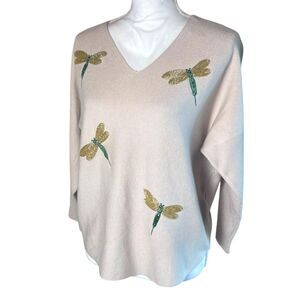 Liv Milano Womens Beige Knit Beaded Dragonfly Sweater Sz M Whimsical Long Sleeve